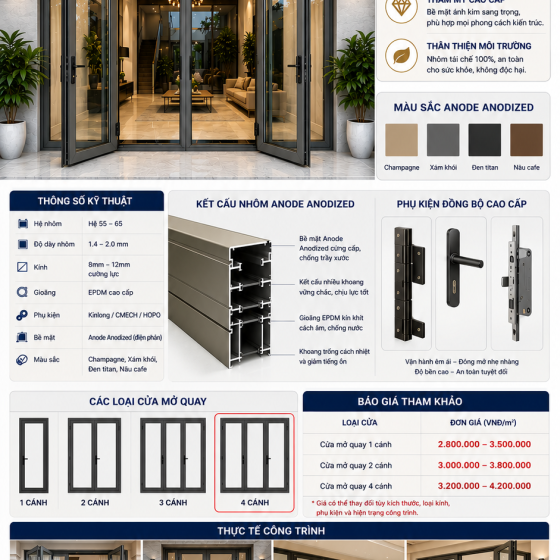 Cửa Đi Mở Quay Anode 1–4 Cánh: Giá & Cấu Tạo
