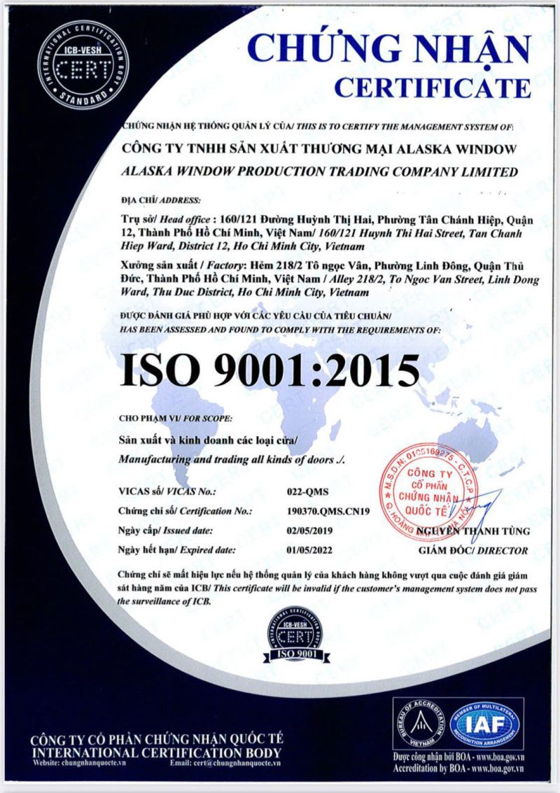Chứng nhận ISO 9001:2015 lịch sử số 190370.QMS.CN19 hết hạn năm 2022