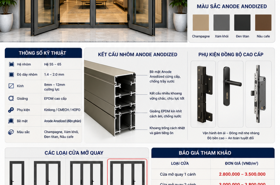 Cửa Đi Mở Quay Anode 1–4 Cánh: Giá & Cấu Tạo