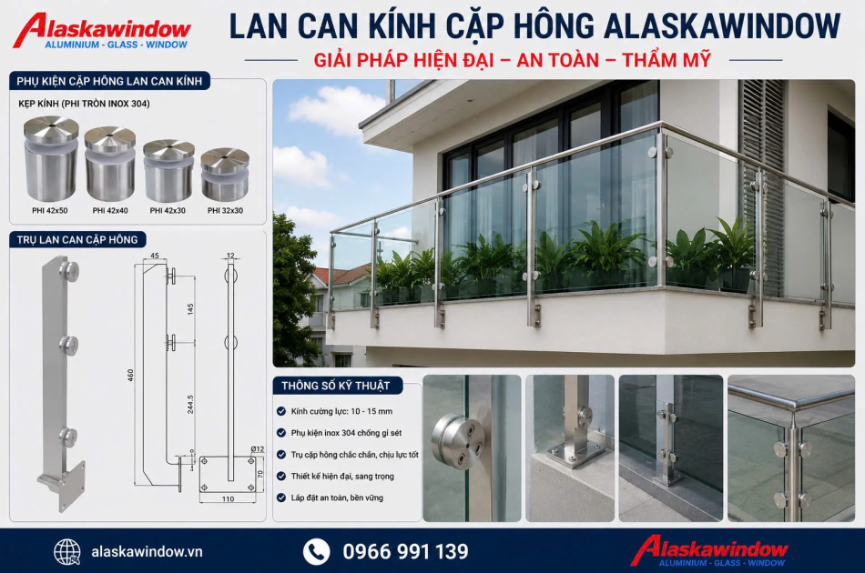 Lan can kính cường lực bắt pad hông