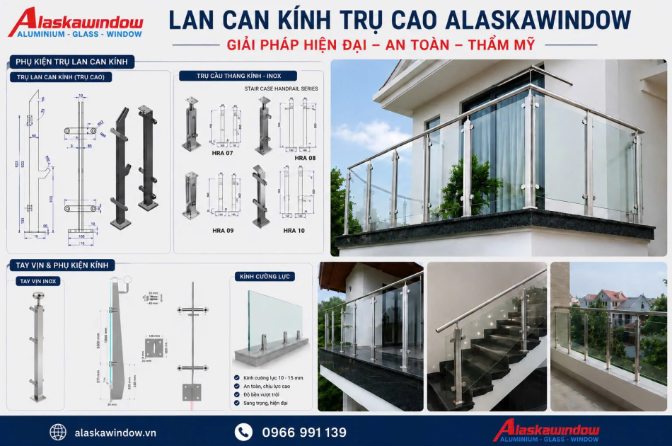 Lan can kính cường lực trụ cao