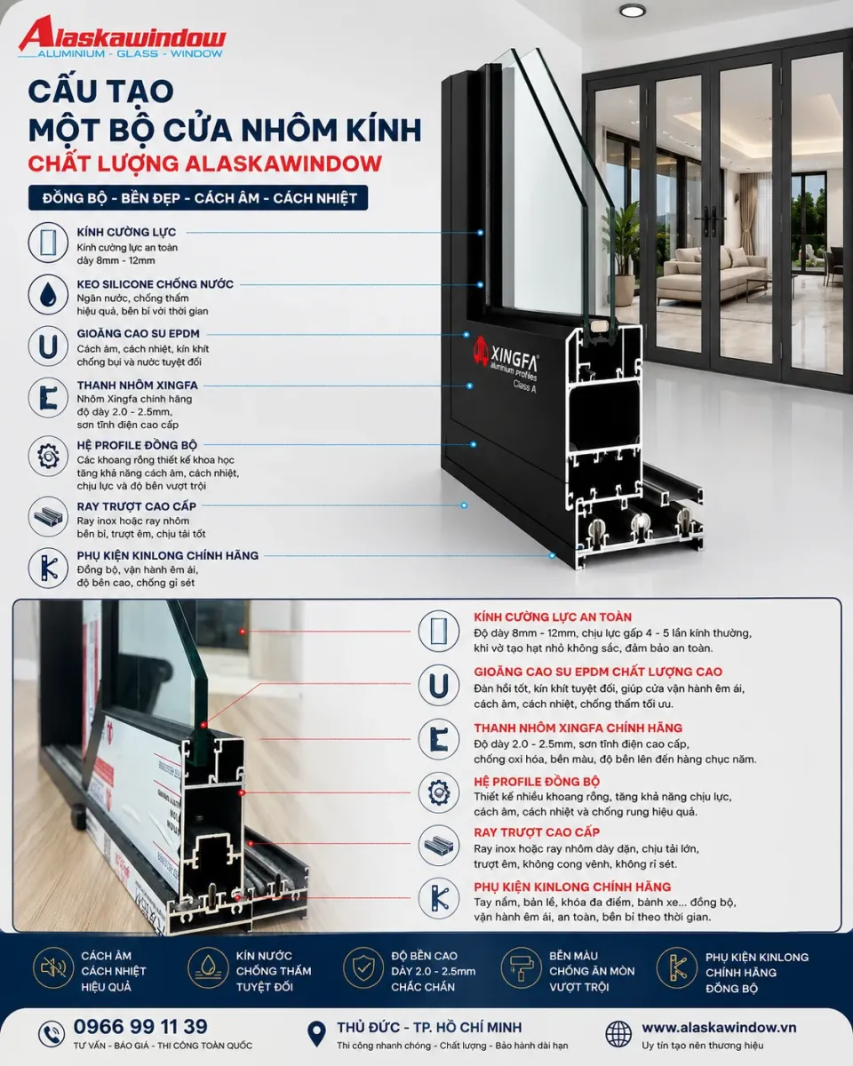 Cấu tạo một bộ cửa nhôm kính chất lượng AlaskaWindow sử dụng nhôm Xingfa chính hãng