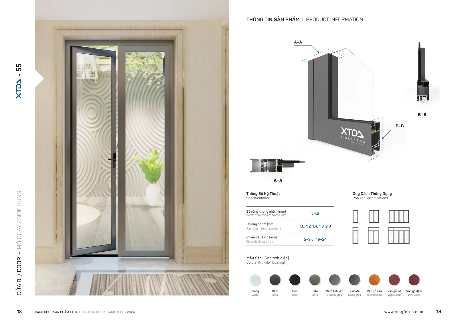Thông số cửa đi mở quay XTDA 55 – trang PDF 10, trang in 18–19