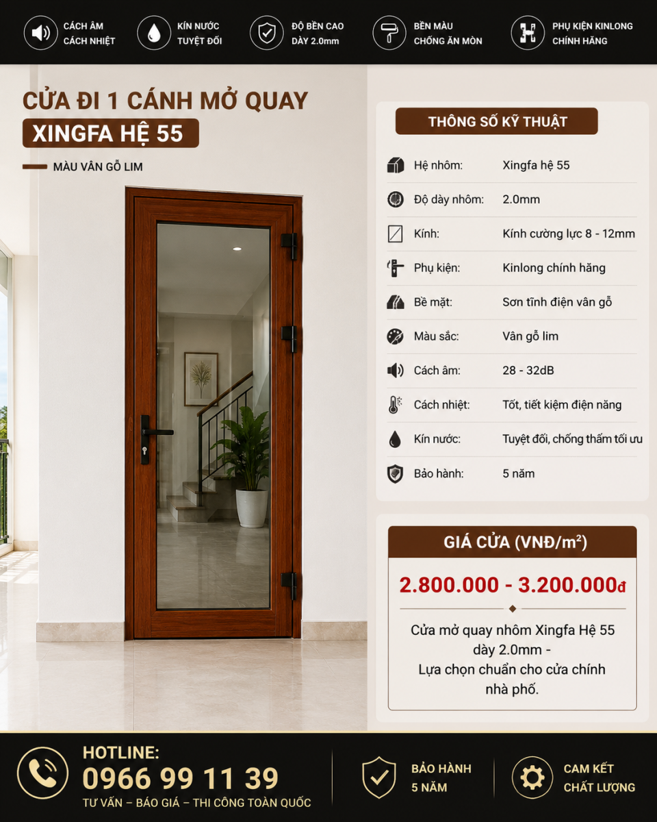 Giá cửa đi mở quay hệ 55 vân gỗ