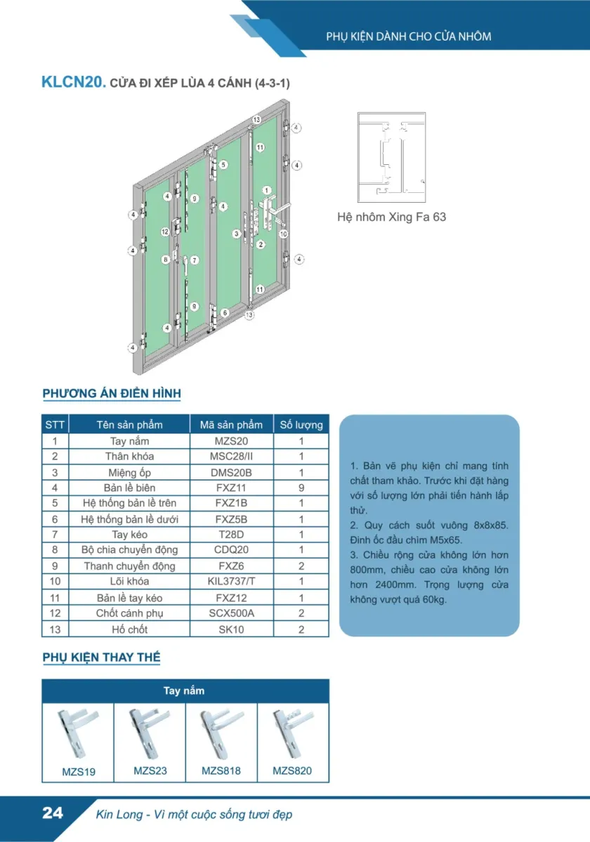 Cấu hình KLCN20 cho cửa xếp trượt Xingfa hệ 63