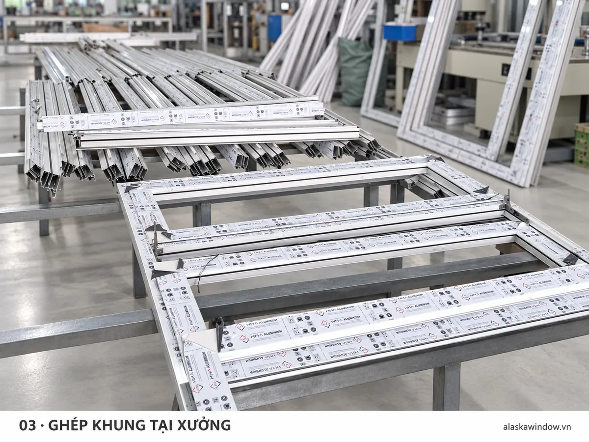 Gia công và ghép khung cửa nhôm cầu cách nhiệt tại xưởng