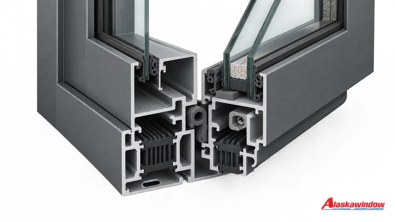 Mặt cắt khung cánh nhôm cầu cách nhiệt kết hợp kính hộp và gioăng EPDM