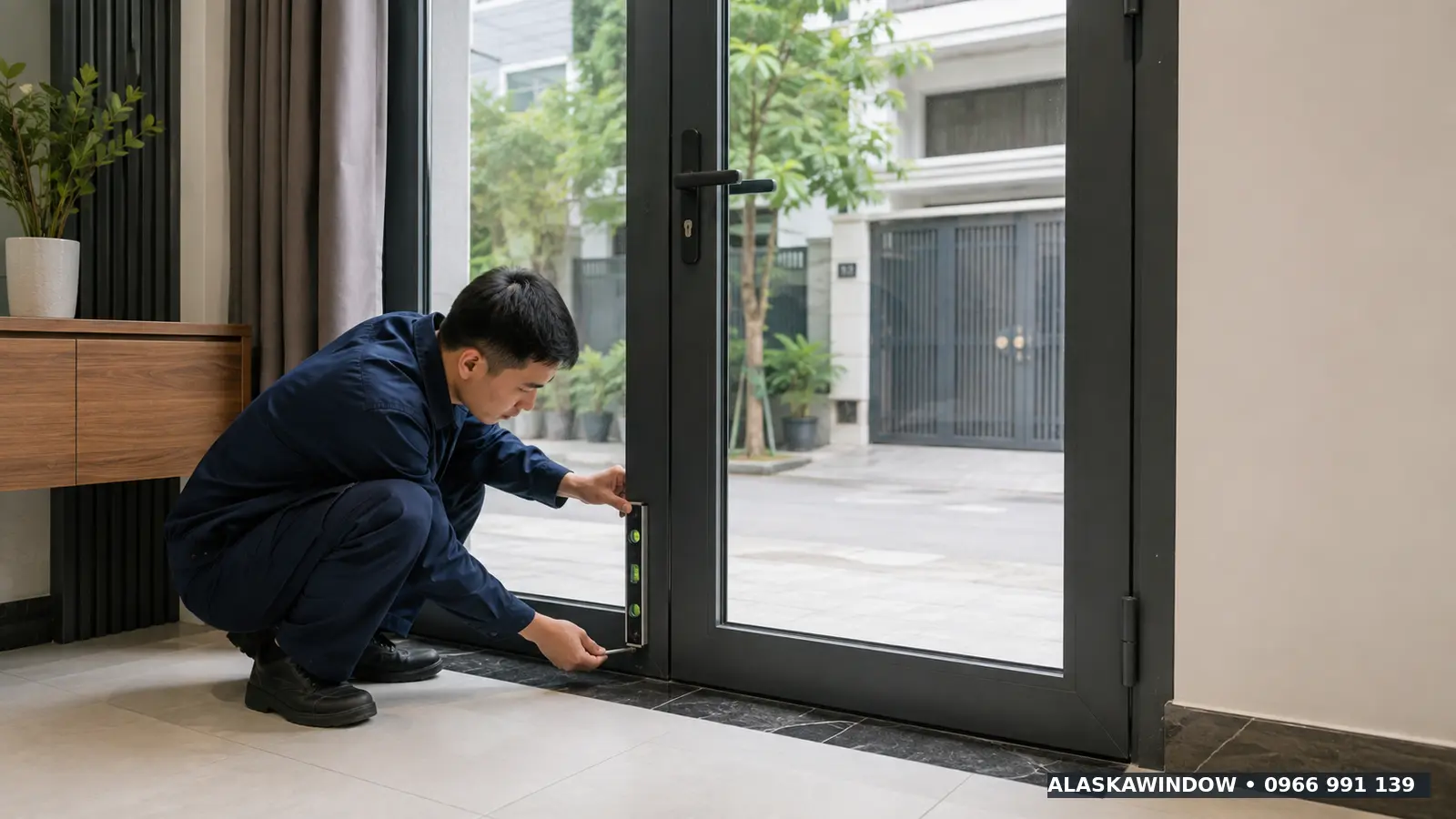 Cửa nhôm Xingfa bị xệ cánh được kỹ thuật viên AlaskaWindow kiểm tra