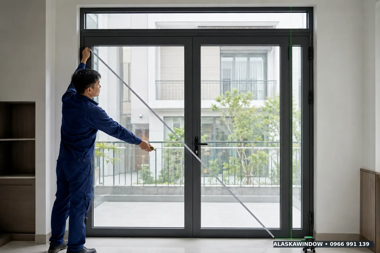 Kỹ thuật viên đo đường chéo kiểm tra cửa nhôm Xingfa bị xệ cánh