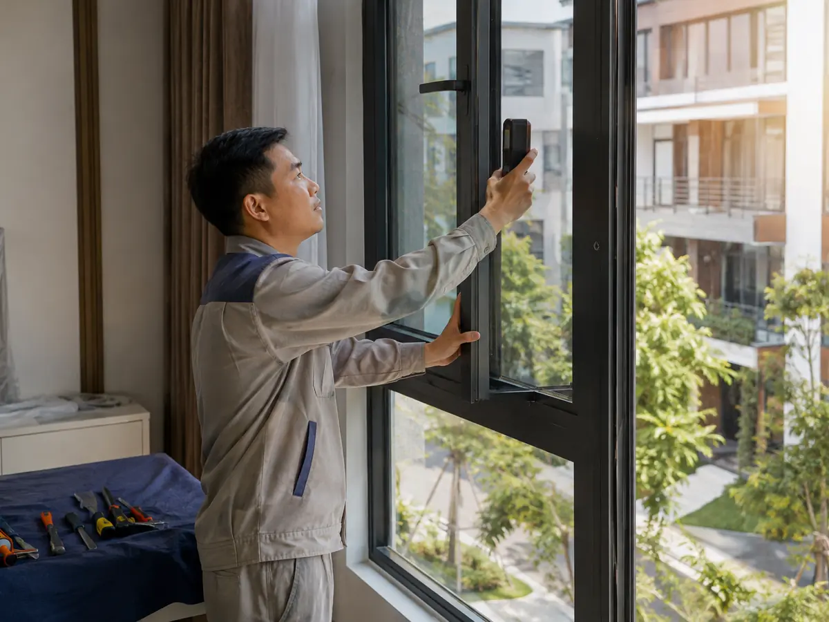 Kỹ thuật viên kiểm tra lớp phủ Low-E trên cửa kính
