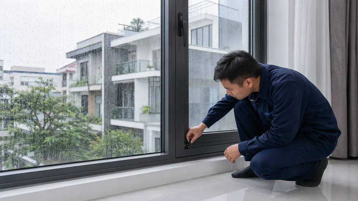 Kỹ thuật viên kiểm tra cửa nhôm Xingfa bị thấm nước