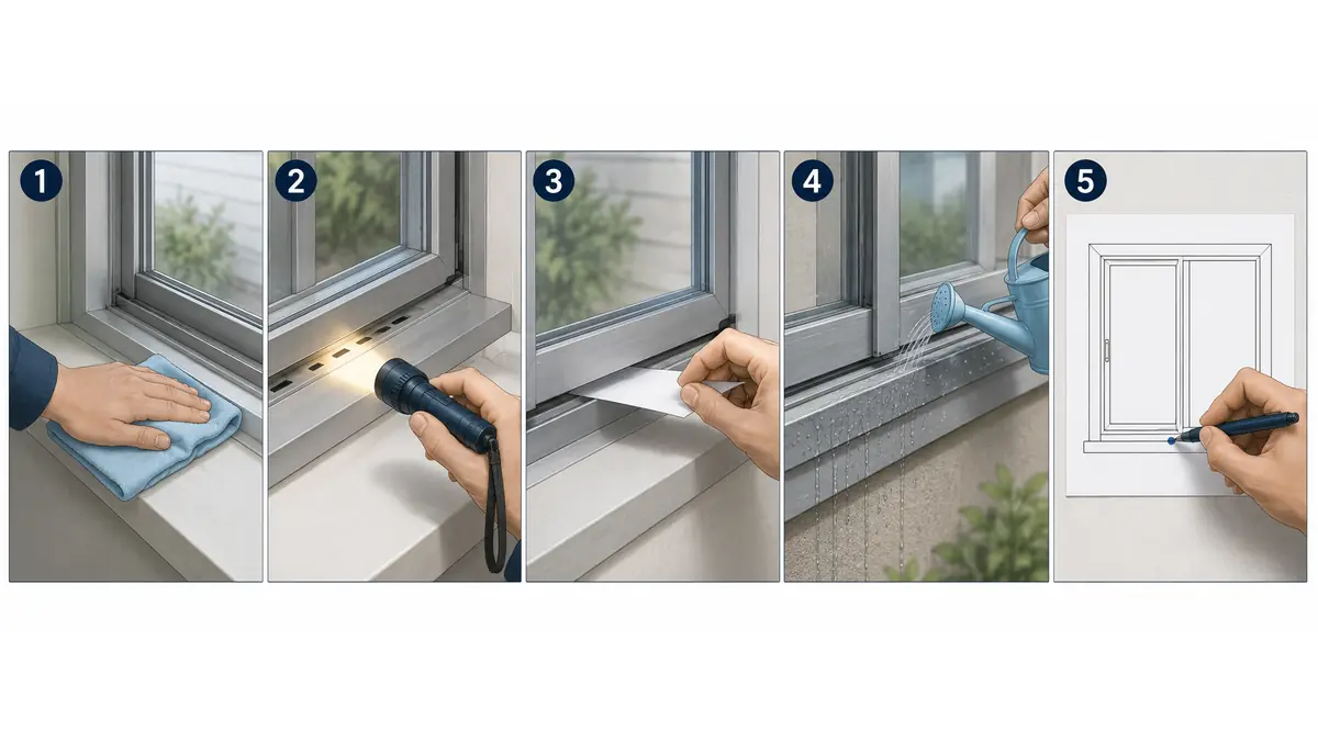 1–khe khung tường; 2–góc ghép; 3–mép kính; 4–đường ép kín cánh; 5–đường thoát nước.