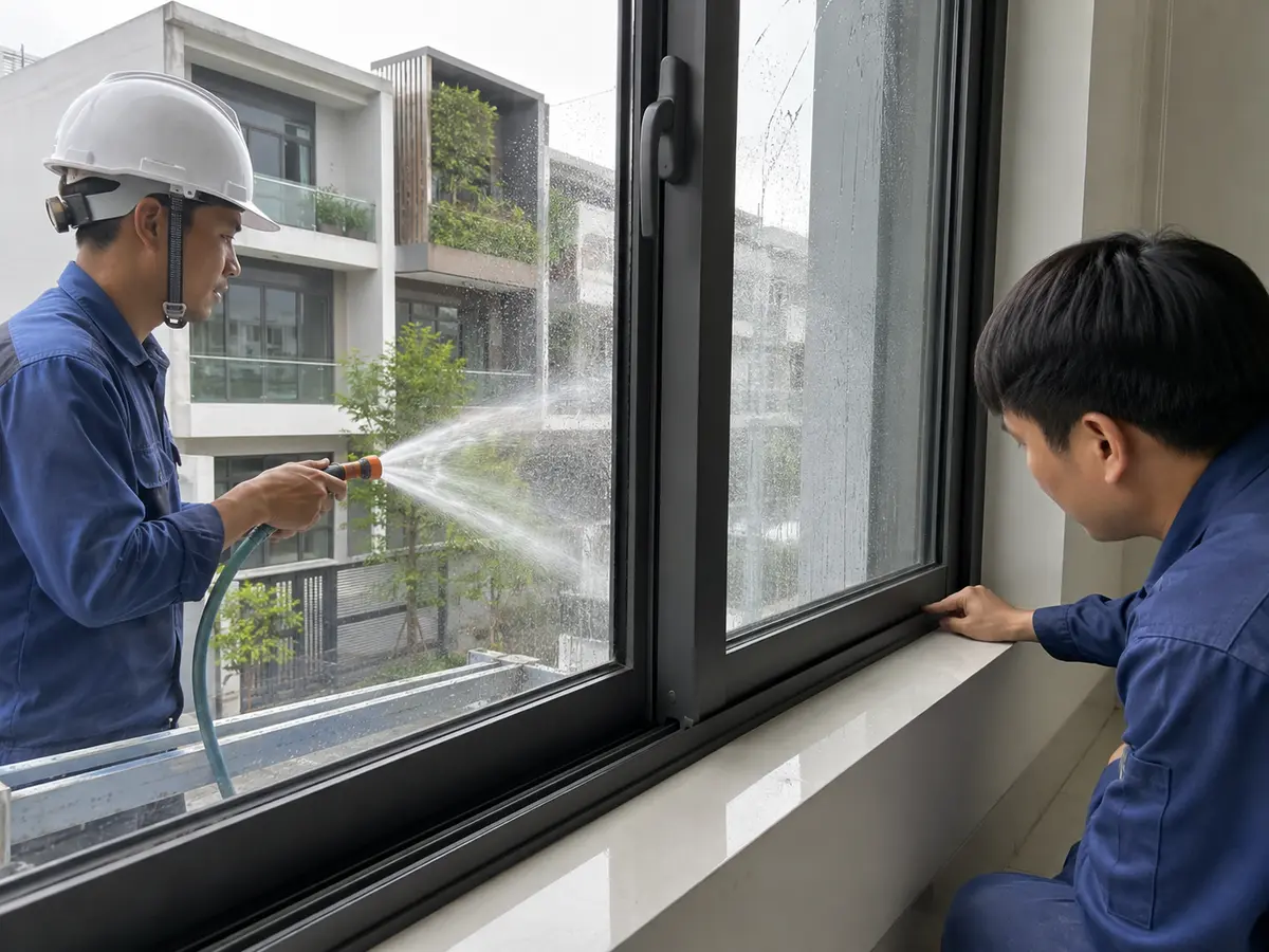 Thử nước kiểm tra độ kín cửa nhôm kính
