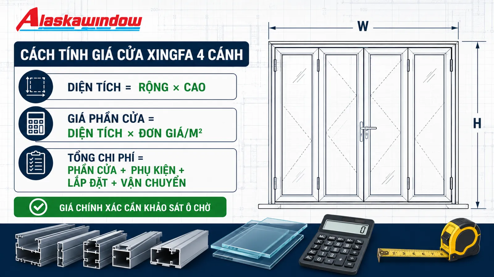 Cách tính giá cửa nhôm Xingfa 4 cánh theo diện tích và phụ kiện