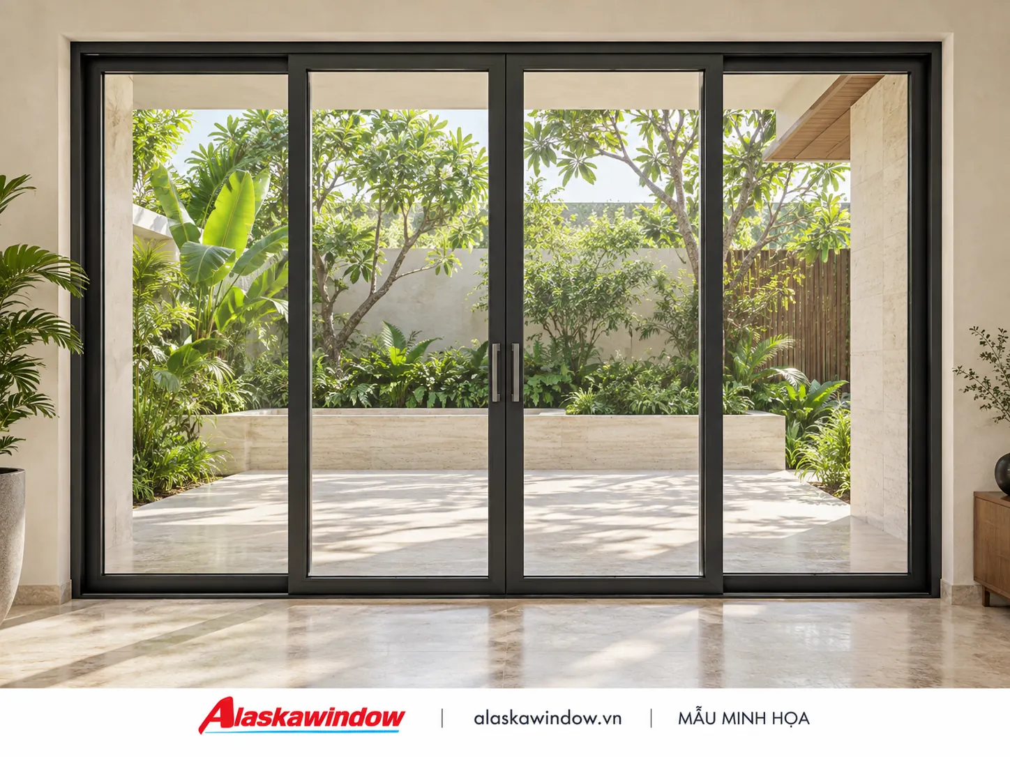 Mẫu cửa đi lùa 4 cánh đen nhám · tường kem — AlaskaWindow DL4-01
