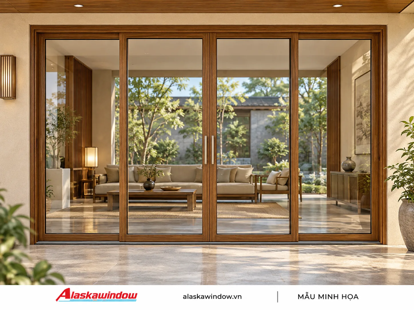 Mẫu cửa đi lùa 4 cánh vân gỗ · phong cách ấm — AlaskaWindow DL4-03