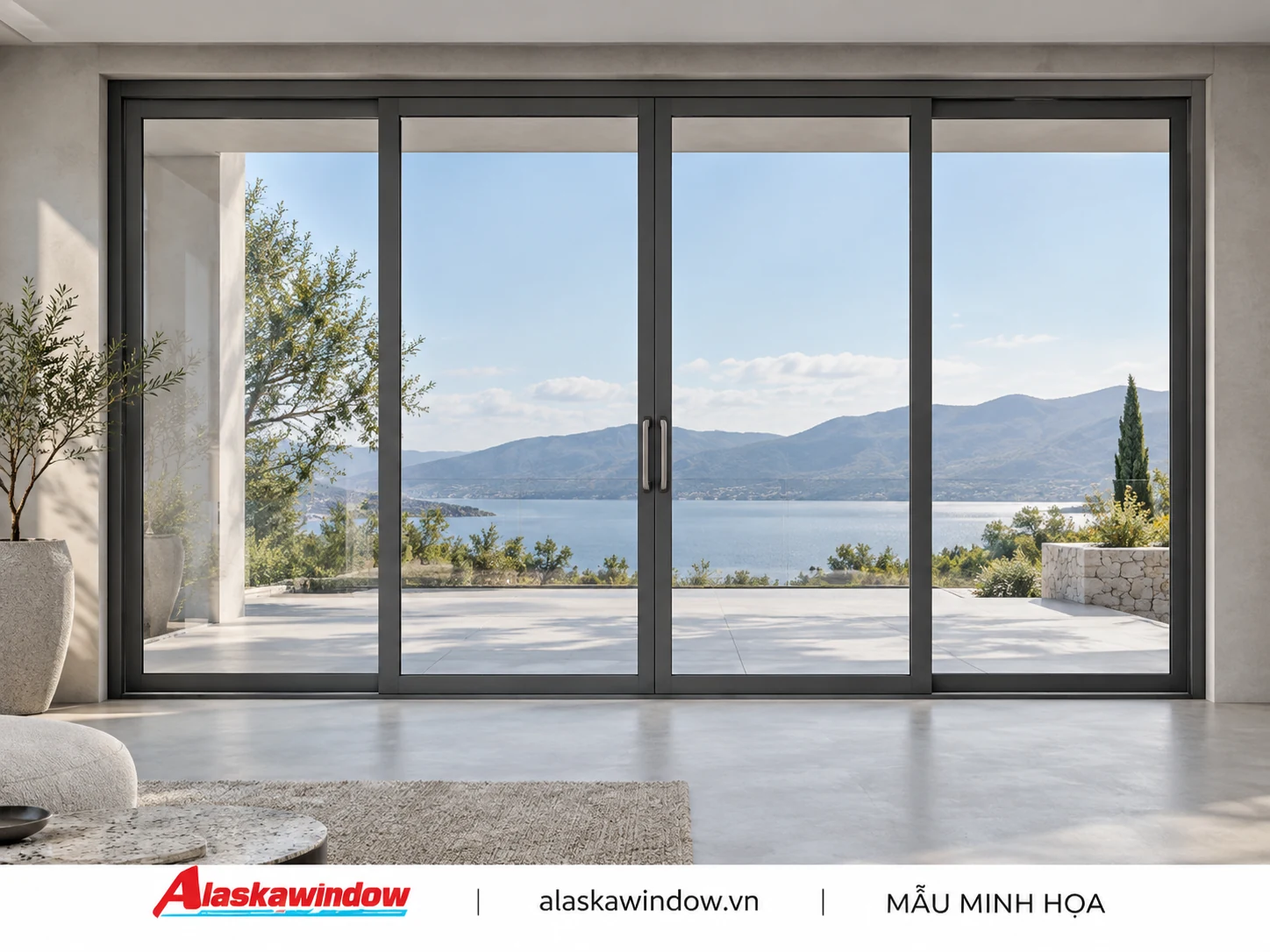 Mẫu cửa đi lùa 4 cánh xám ghi · tối giản — AlaskaWindow DL4-05