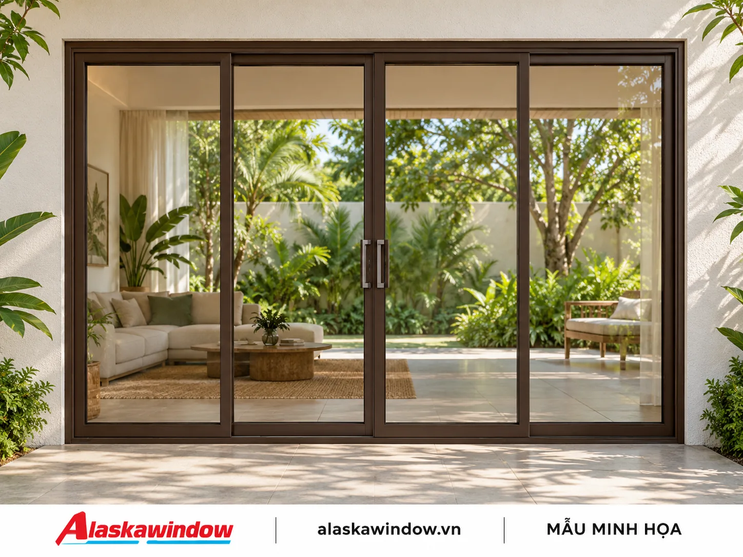 Mẫu cửa đi lùa 4 cánh nâu cà phê · sân vườn — AlaskaWindow DL4-06