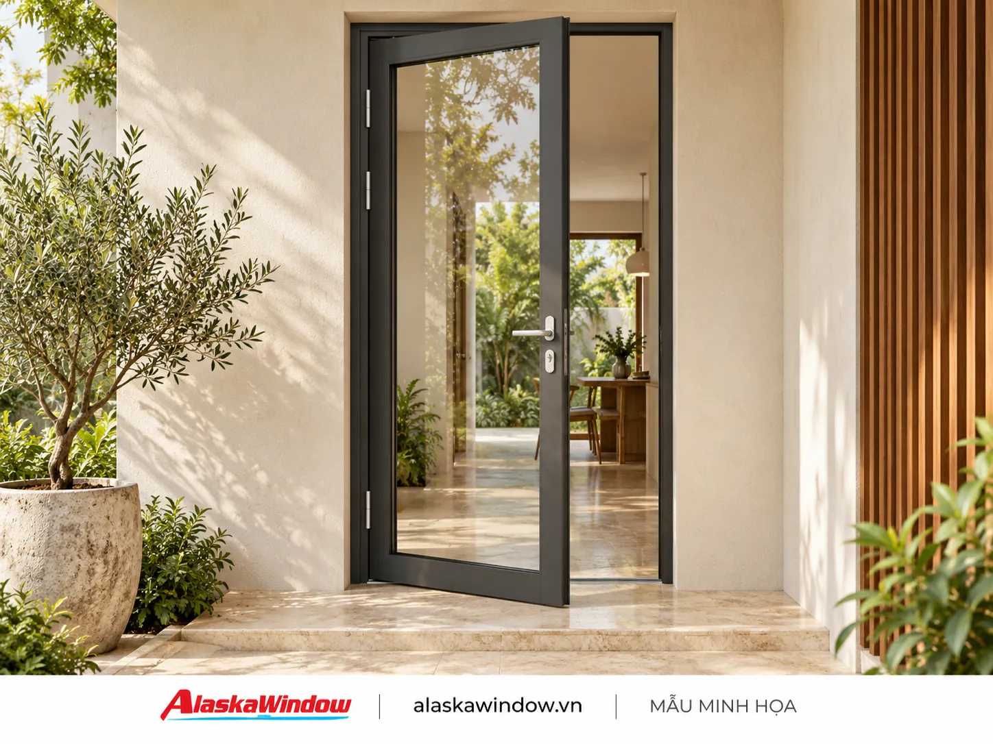 Mẫu cửa đi mở quay 1 cánh đen nhám · tường kem — AlaskaWindow DQ1-01