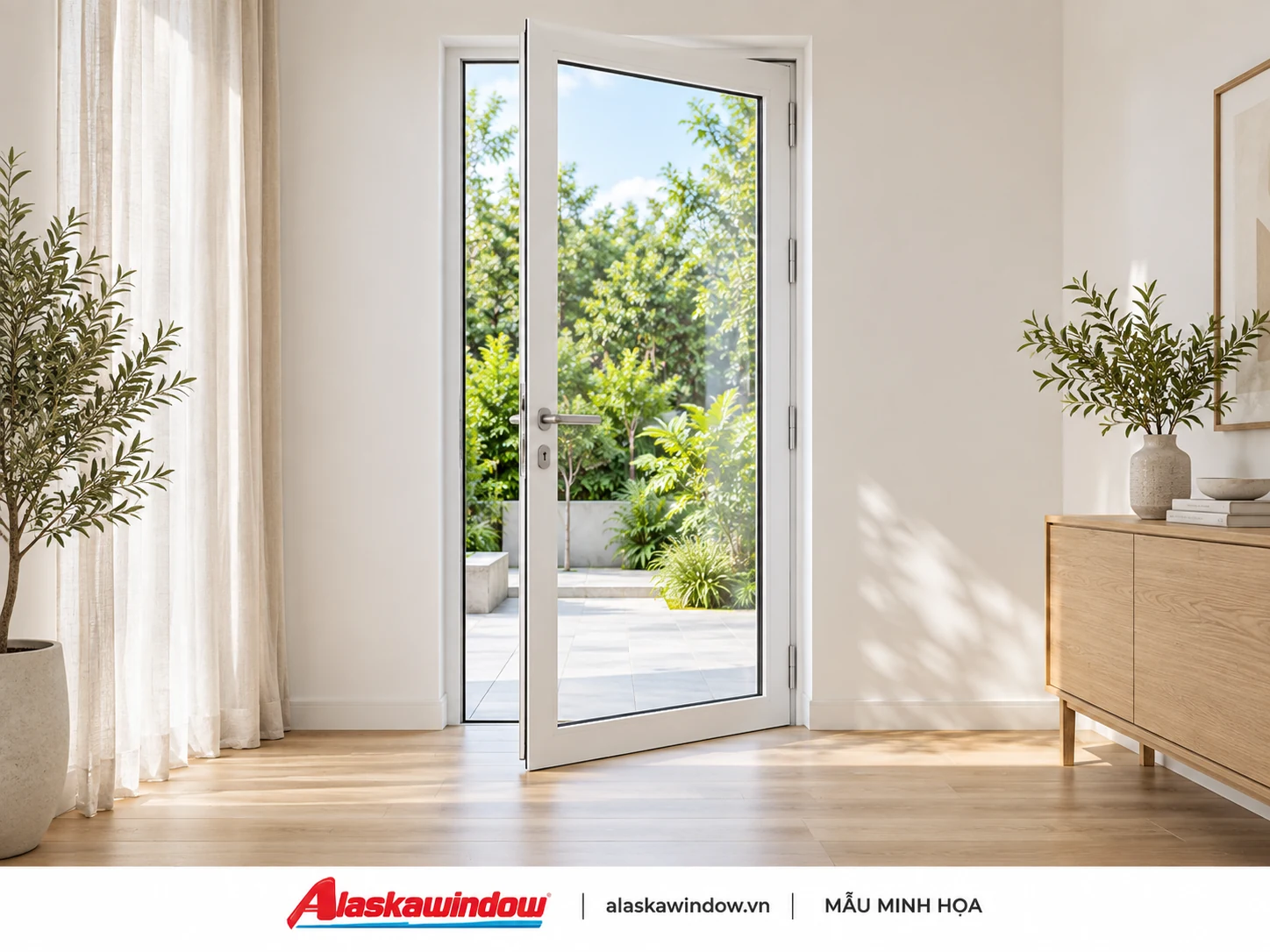 Mẫu cửa đi mở quay 1 cánh trắng sứ · nội thất sáng — AlaskaWindow DQ1-02