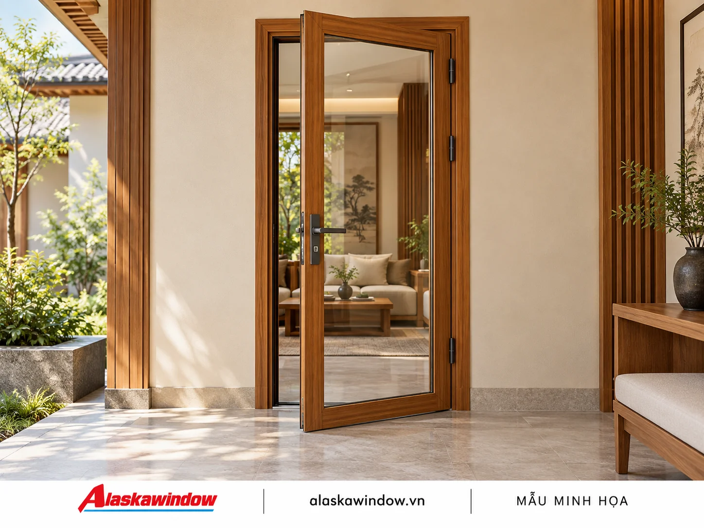 Mẫu cửa đi mở quay 1 cánh vân gỗ · phong cách ấm — AlaskaWindow DQ1-03