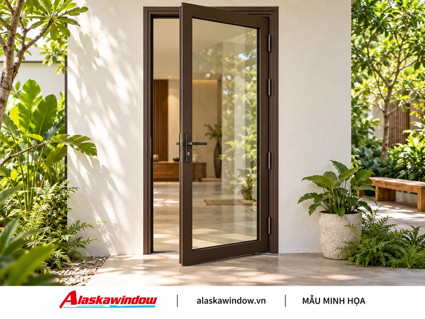 Mẫu cửa đi mở quay 1 cánh nâu cà phê · sân vườn — AlaskaWindow DQ1-06