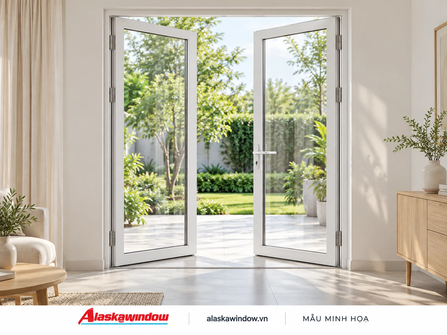 Mẫu cửa đi mở quay 2 cánh trắng sứ · nội thất sáng — AlaskaWindow DQ2-02