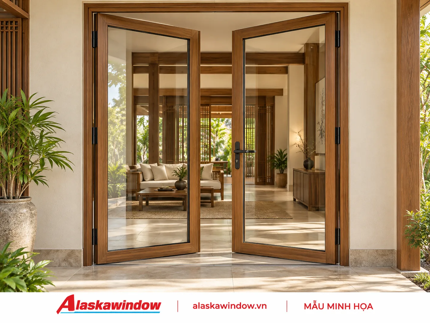 Mẫu cửa đi mở quay 2 cánh vân gỗ · phong cách ấm — AlaskaWindow DQ2-03