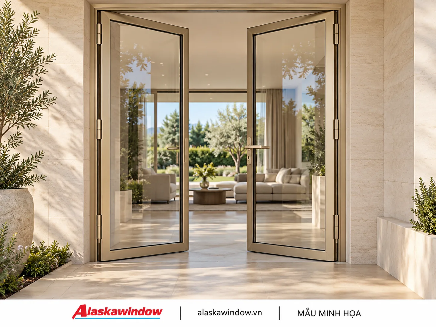 Mẫu cửa đi mở quay 2 cánh champagne · đá sáng — AlaskaWindow DQ2-04