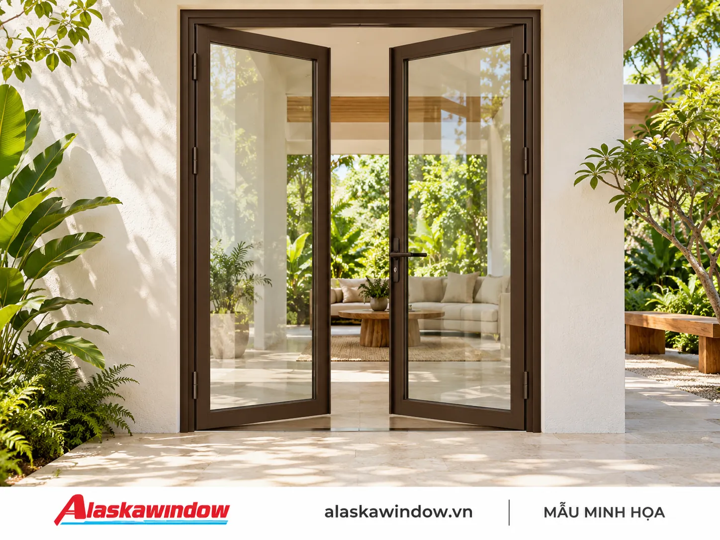 Mẫu cửa đi mở quay 2 cánh nâu cà phê · sân vườn — AlaskaWindow DQ2-06