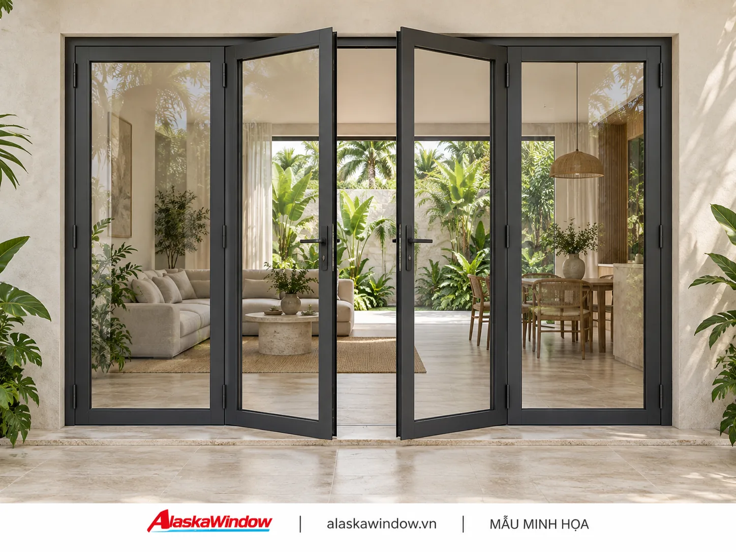 Mẫu cửa đi mở quay 4 cánh đen nhám · tường kem — AlaskaWindow DQ4-01