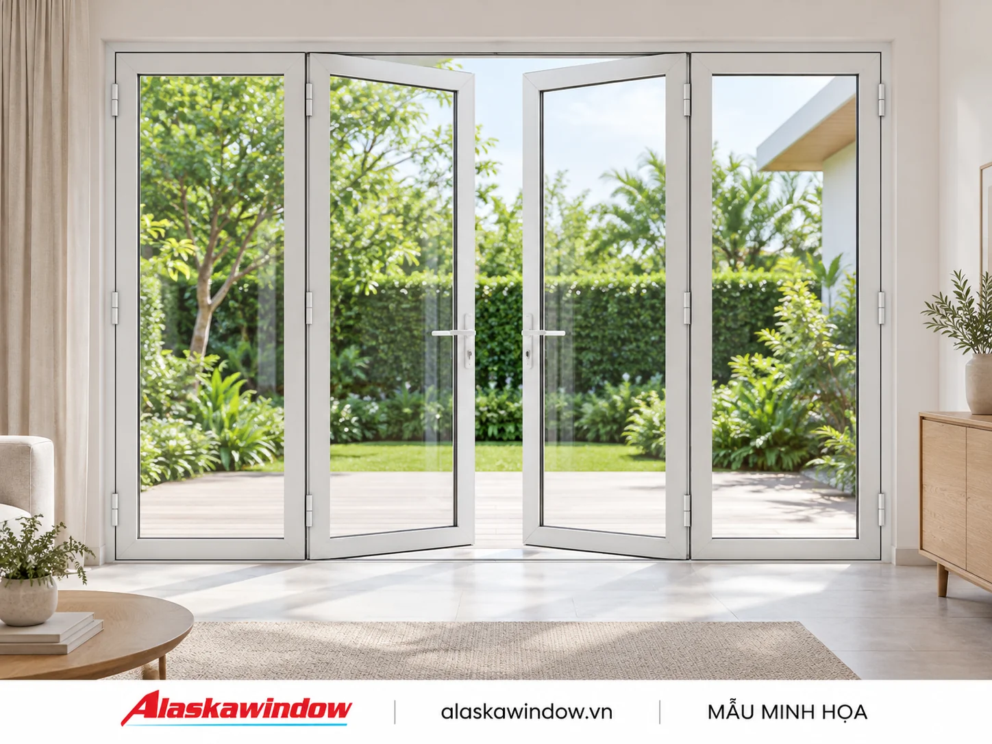 Mẫu cửa đi mở quay 4 cánh trắng sứ · nội thất sáng — AlaskaWindow DQ4-02