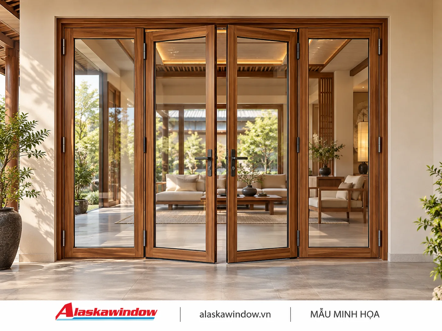 Mẫu cửa đi mở quay 4 cánh vân gỗ · phong cách ấm — AlaskaWindow DQ4-03