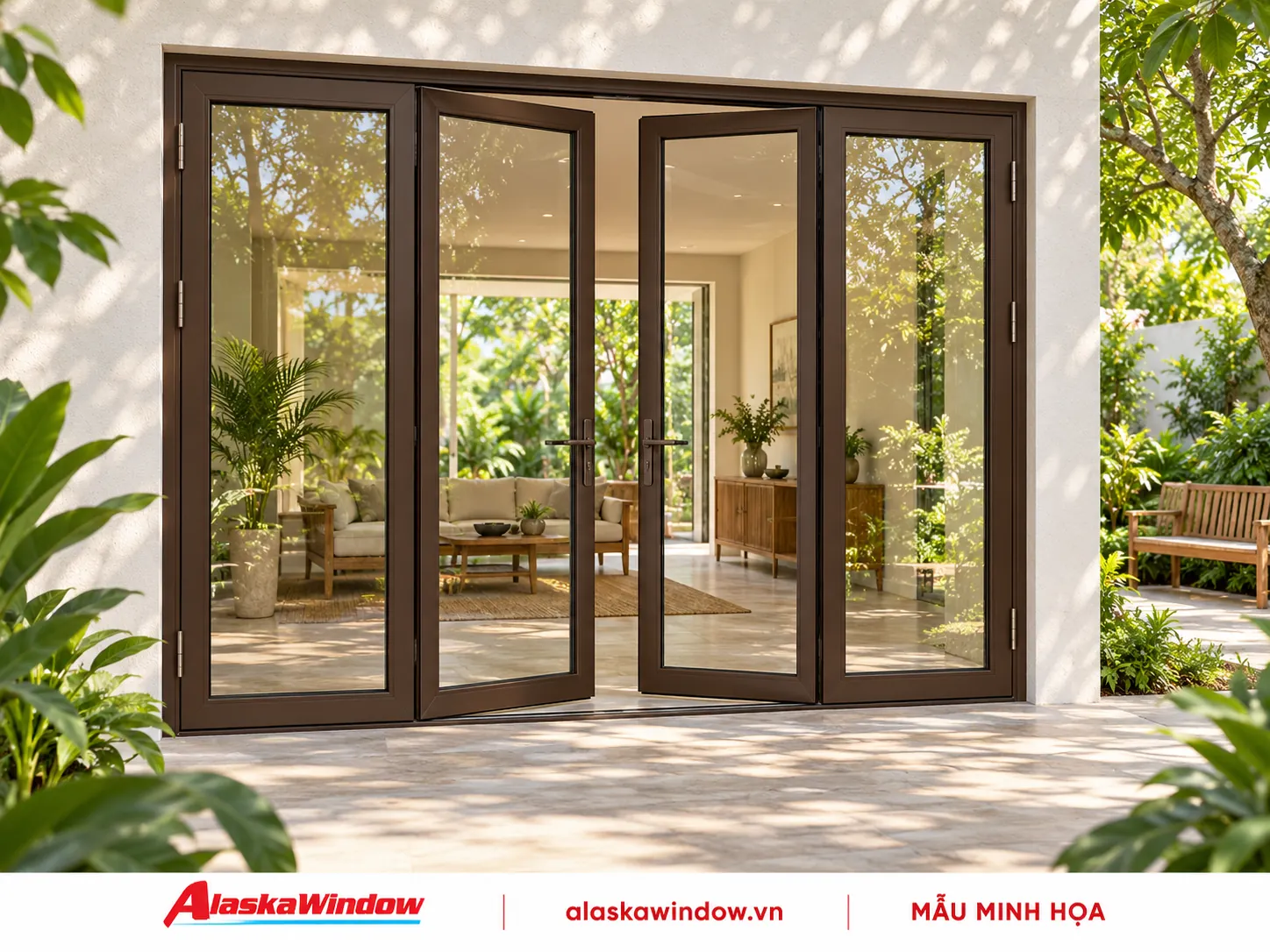 Mẫu cửa đi mở quay 4 cánh nâu cà phê · sân vườn — AlaskaWindow DQ4-06