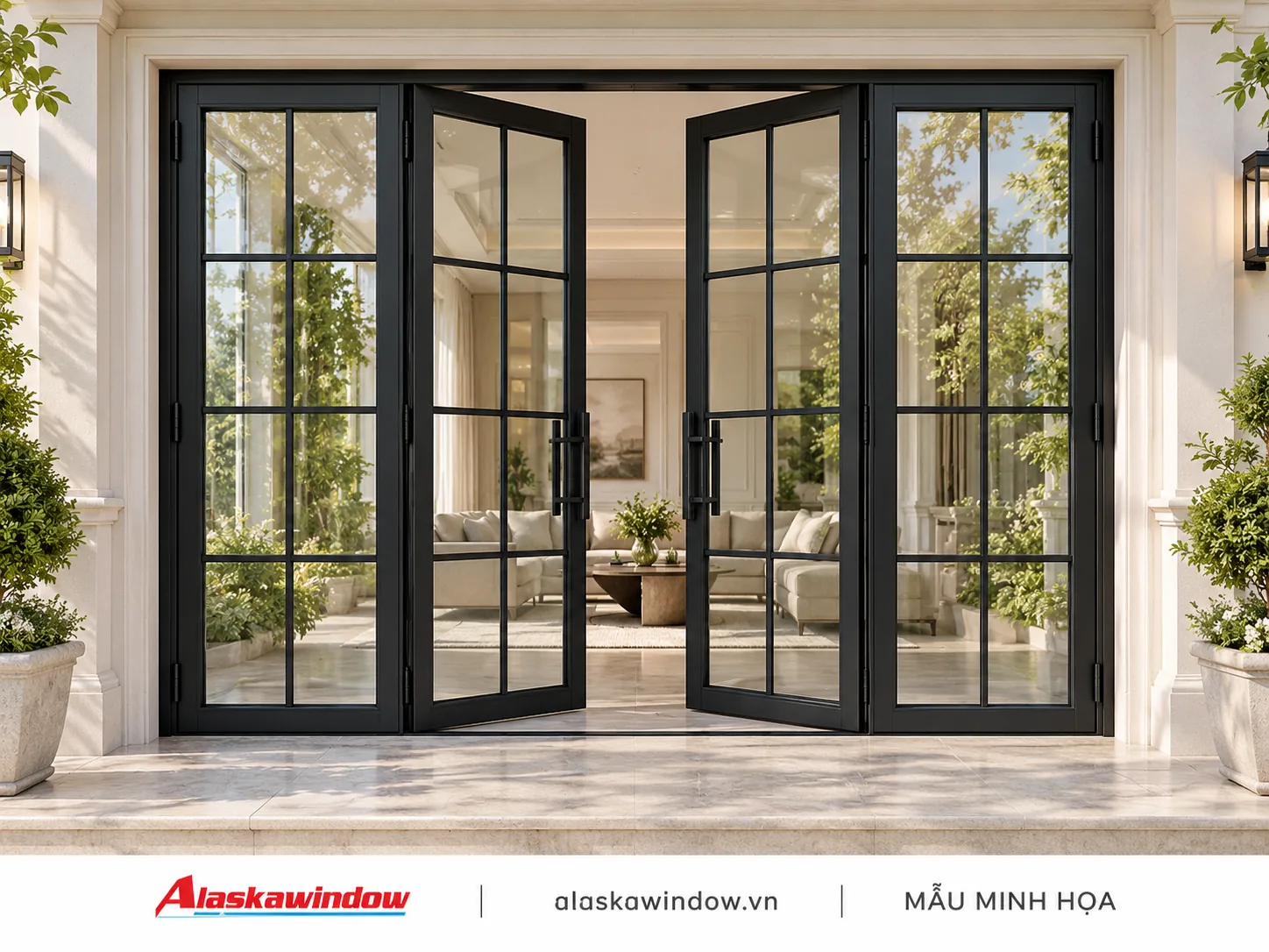 Mẫu cửa đi mở quay 4 cánh đen · chia ô thanh mảnh — AlaskaWindow DQ4-07
