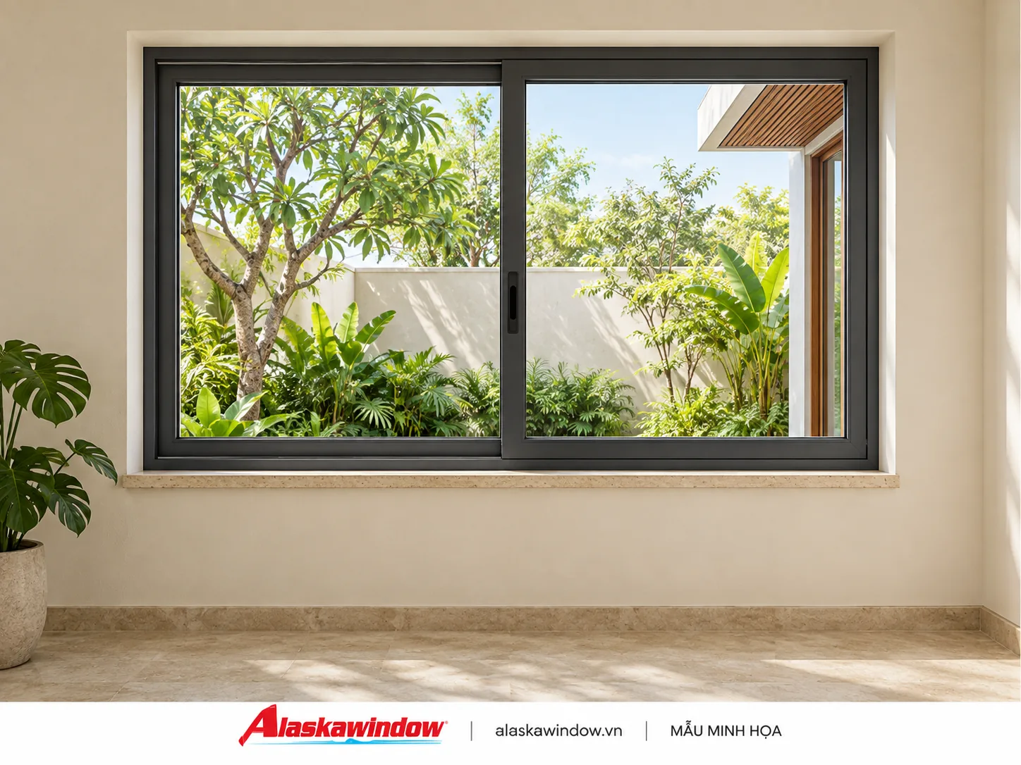 Mẫu cửa sổ lùa 2 cánh đen nhám · tường kem — AlaskaWindow SL2-01