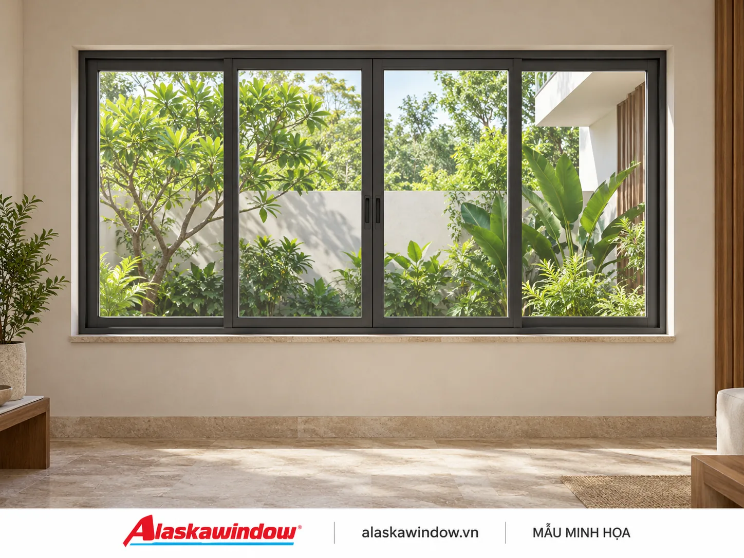 Mẫu cửa sổ lùa 4 cánh đen nhám · tường kem — AlaskaWindow SL4-01