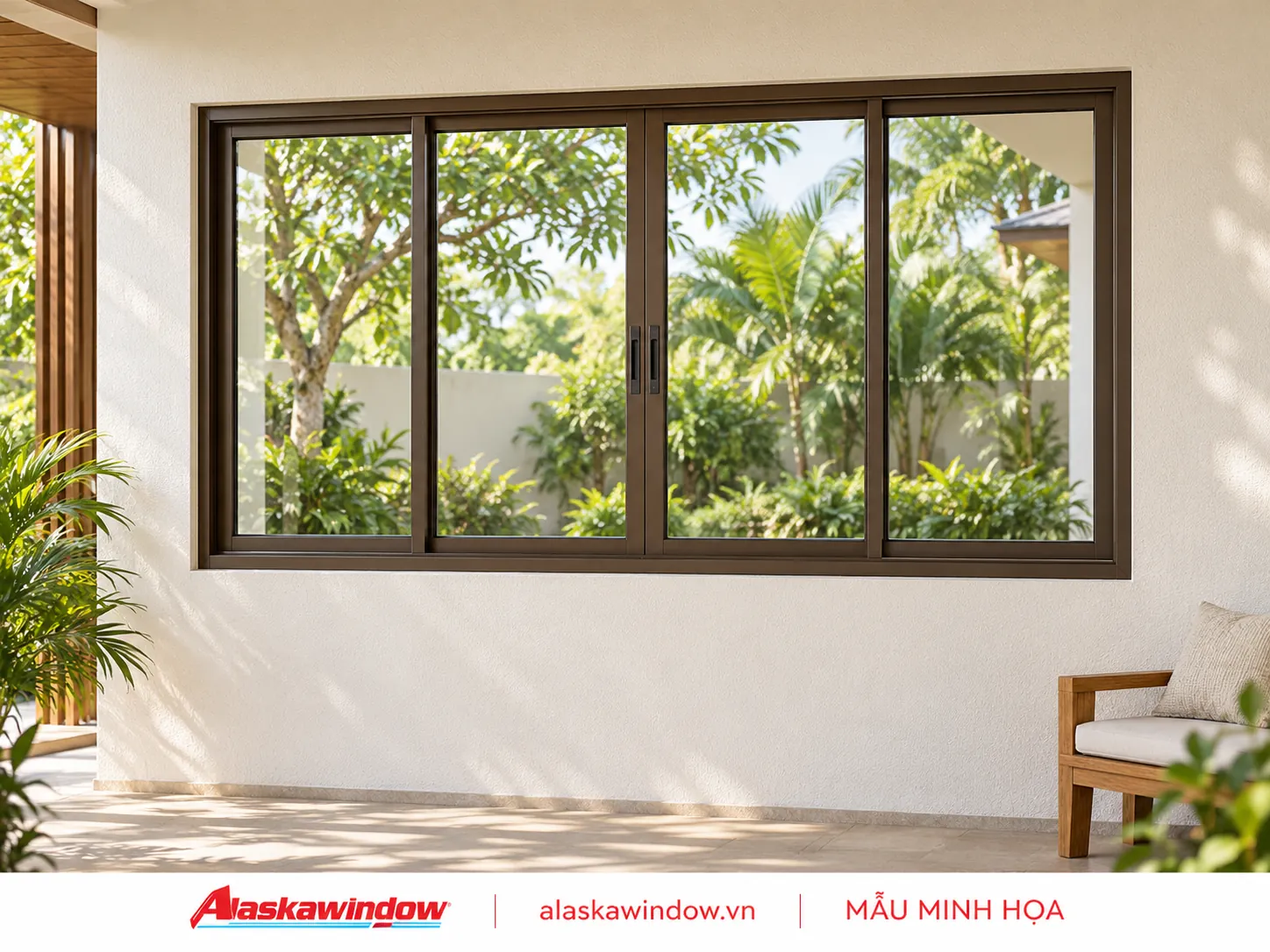 Mẫu cửa sổ lùa 4 cánh nâu cà phê · sân vườn — AlaskaWindow SL4-06