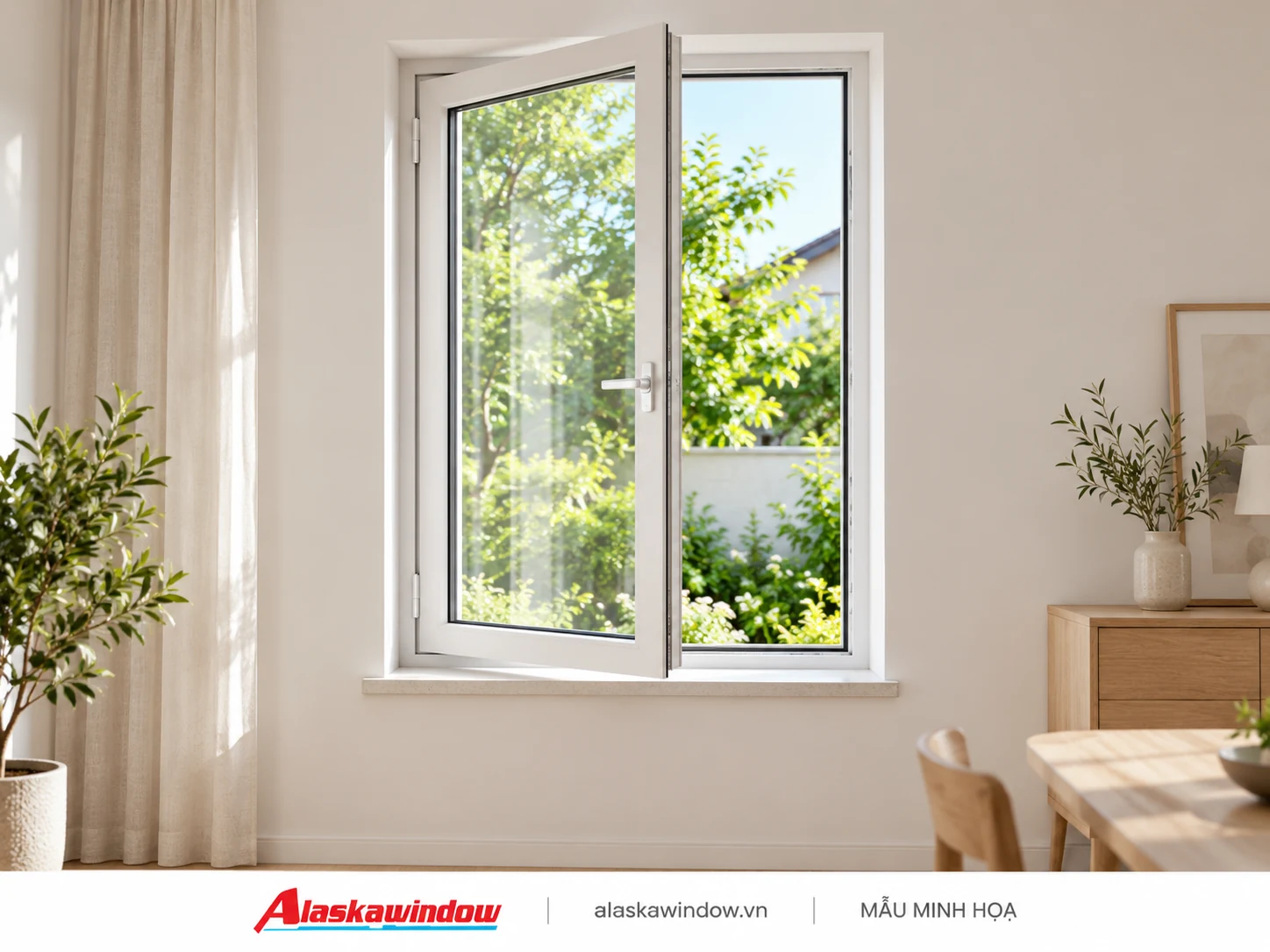 Mẫu cửa sổ mở quay 1 cánh trắng sứ · nội thất sáng — AlaskaWindow SQ1-02