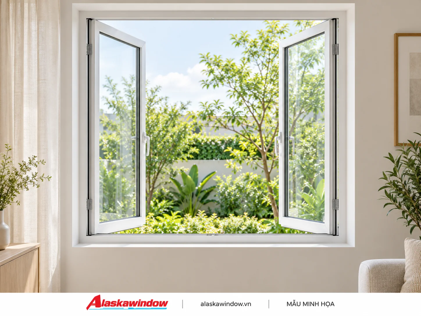 Mẫu cửa sổ mở quay 2 cánh trắng sứ · nội thất sáng — AlaskaWindow SQ2-02