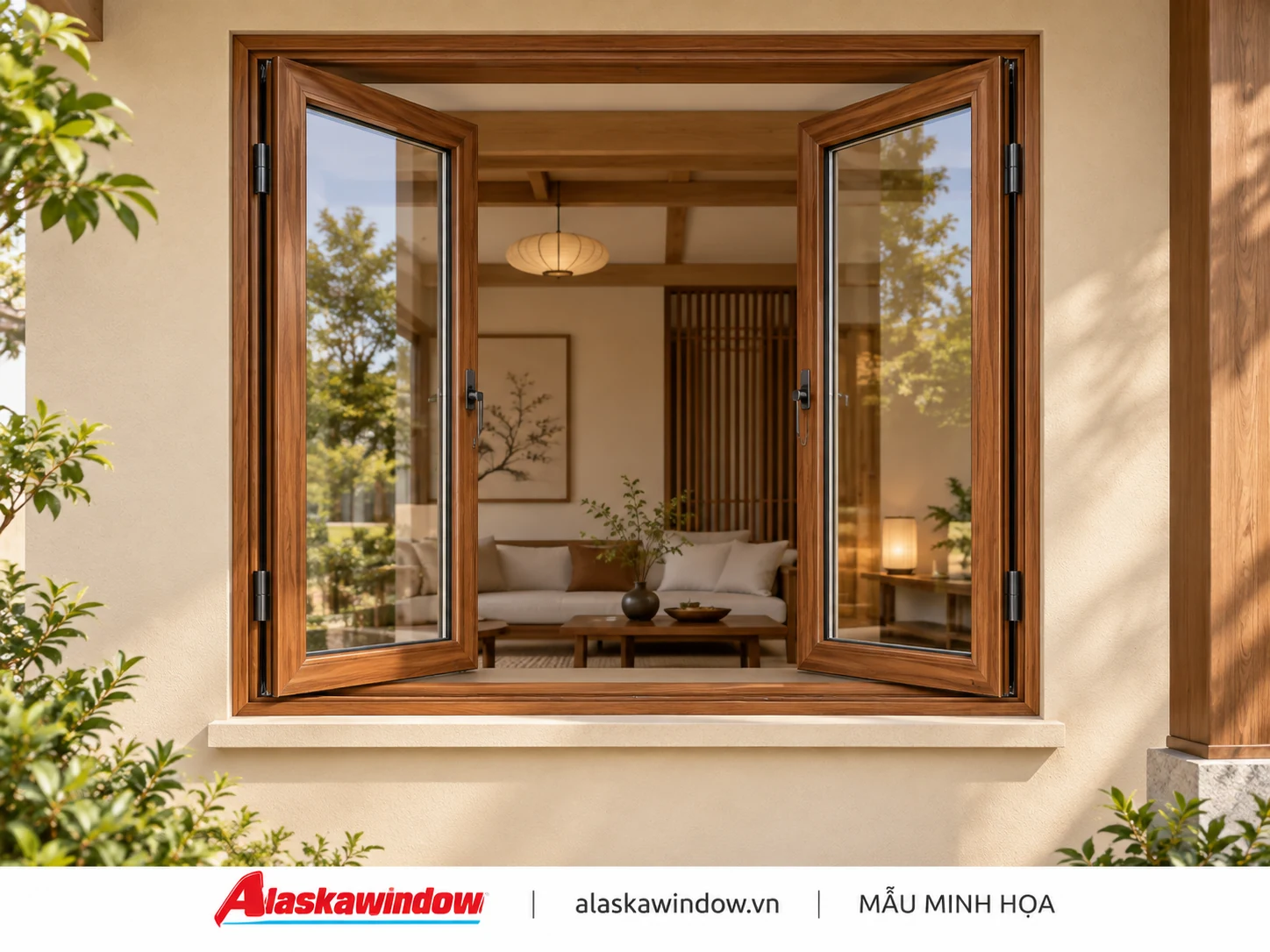 Mẫu cửa sổ mở quay 2 cánh vân gỗ · phong cách ấm — AlaskaWindow SQ2-03