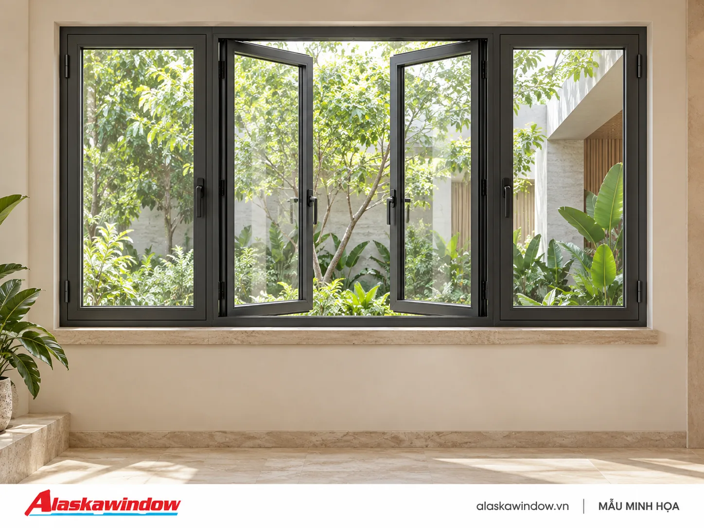 Mẫu cửa sổ mở quay 4 cánh đen nhám · tường kem — AlaskaWindow SQ4-01