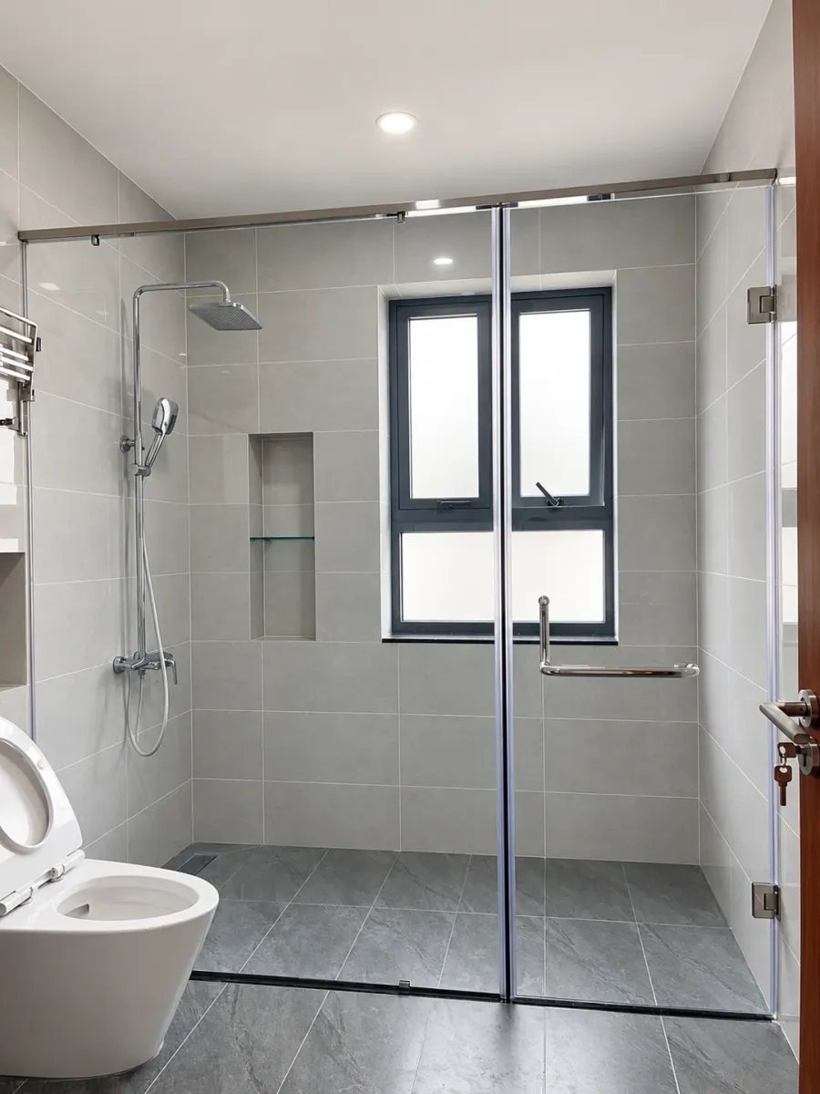 Phòng tắm kính trong biệt thự anh Thành với cửa mở và tay nắm kim loại
