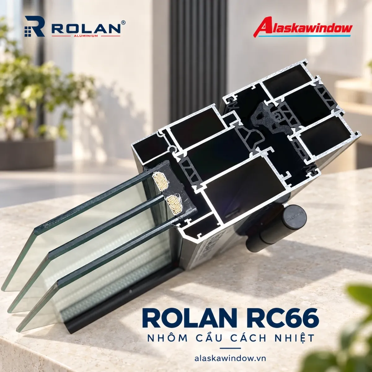 Mặt cắt mẫu nhôm cầu cách nhiệt Rolan RC66 và cụm kính ba lớp