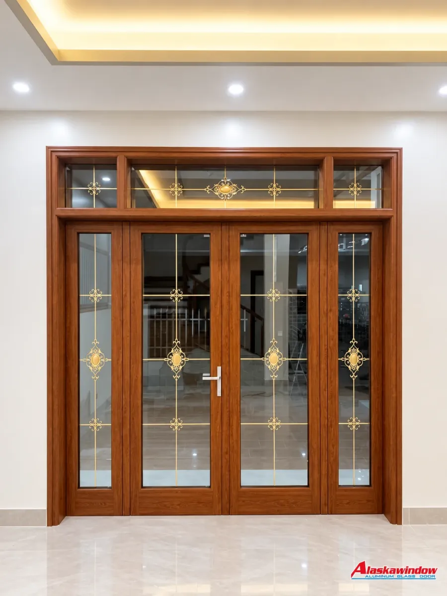 Bộ cửa nhiều cánh màu vân gỗ kết hợp kính hoa văn tại không gian sảnh Bộ cửa nhiều cánh màu vân gỗ kết hợp kính hoa văn tại không gian sảnh